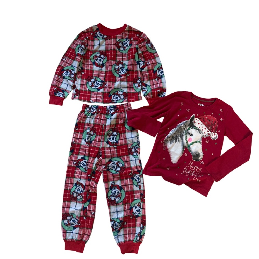 Disney Mickey Mouse Christmas Pajamas Set Sz 8 Plaid & Holidays Festive Top Sz 7